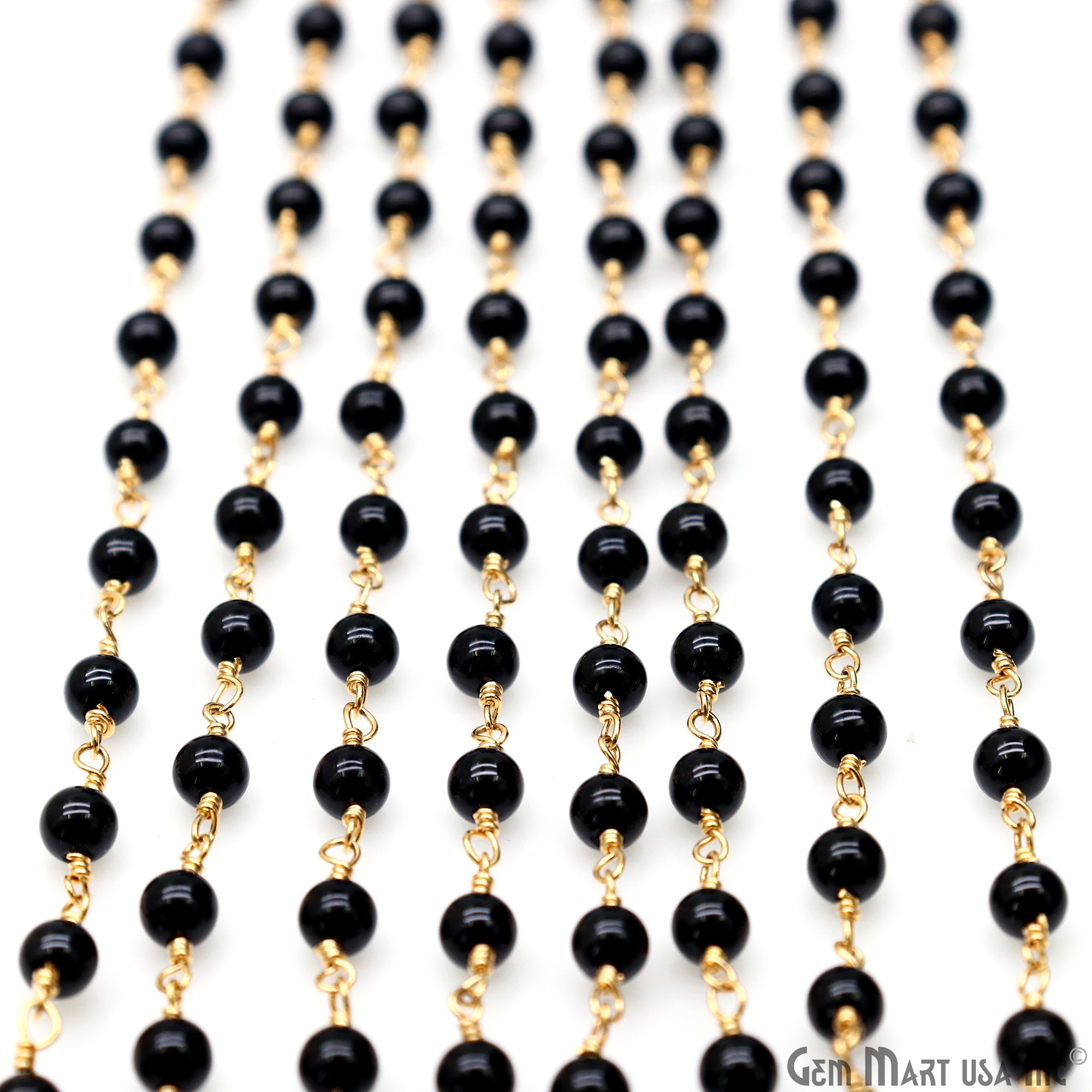 Black Jade Cabochon Beads 4mm Gold Wire Wrapped Rosary Chain