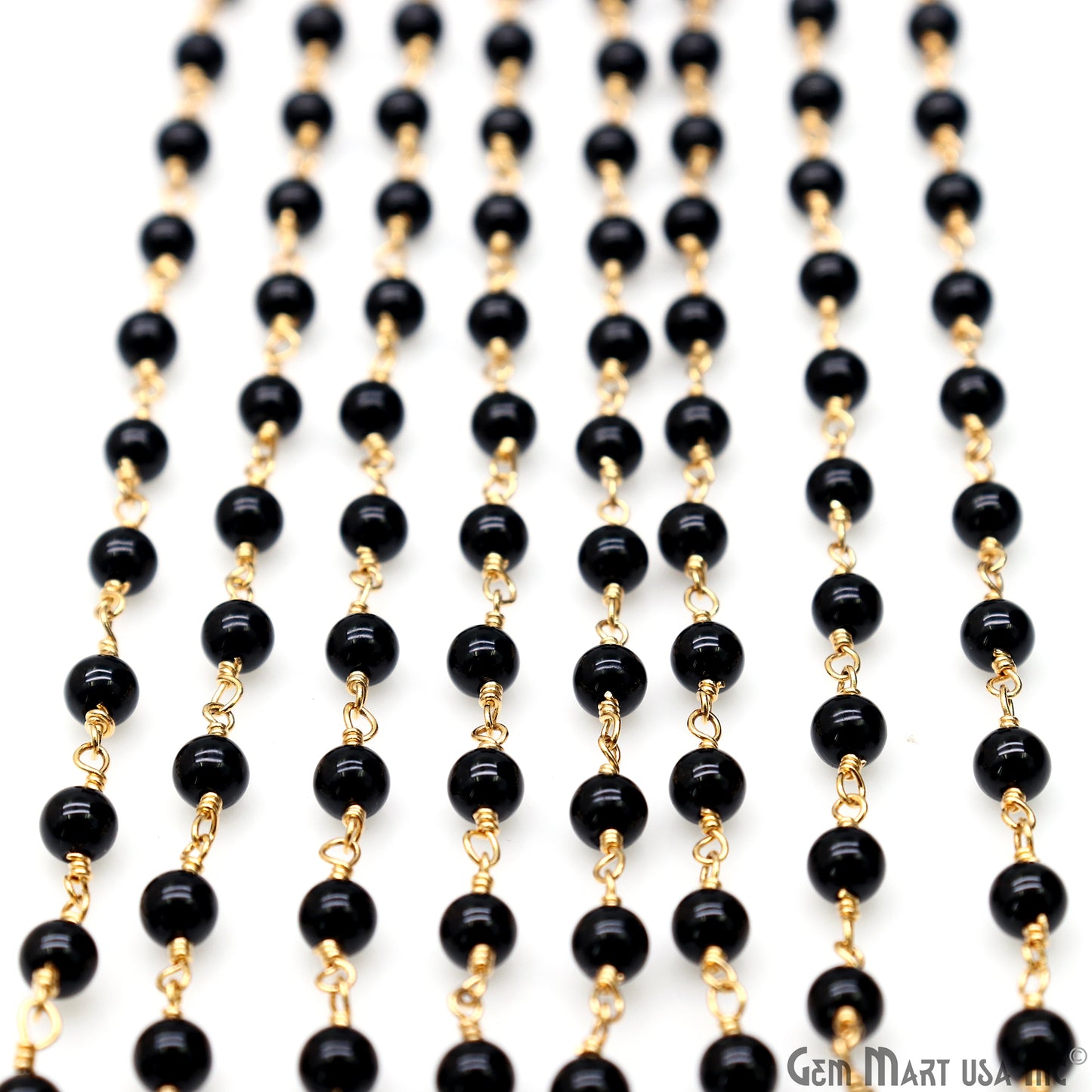 Black Jade Cabochon Beads 4mm Gold Wire Wrapped Rosary Chain