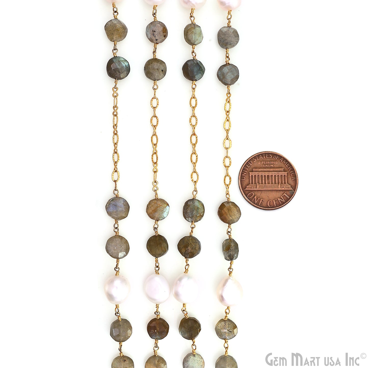 Labradorite Coin 10-11mm & Pearl 10-12mm Gold Plated Beads Rosary Chain