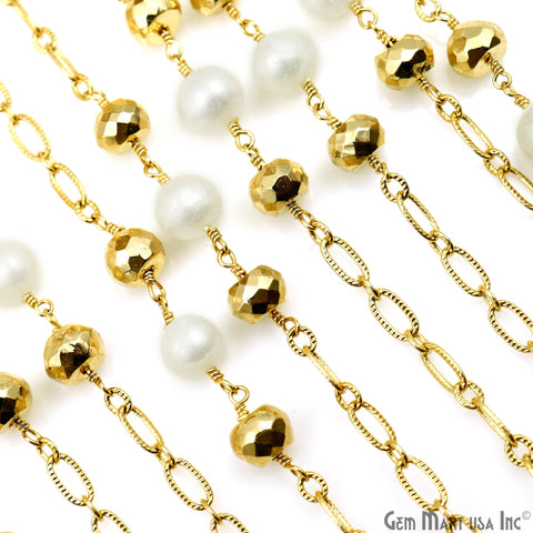 Golden Pyrite & Freshwater Pearl Round Beads Gold Plated Finding Rosary Chain