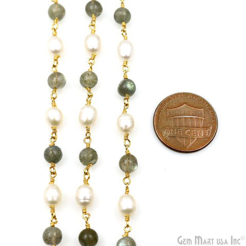 Labradorite Cabochon With Freshwater Pearl Oval Gold Wire Wrapped Rosary Chain