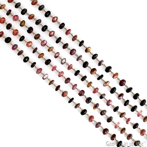 Multi Tourmaline Cabochon Bead 9-10mm Gold Plated Wire Wrapped Rosary Chain