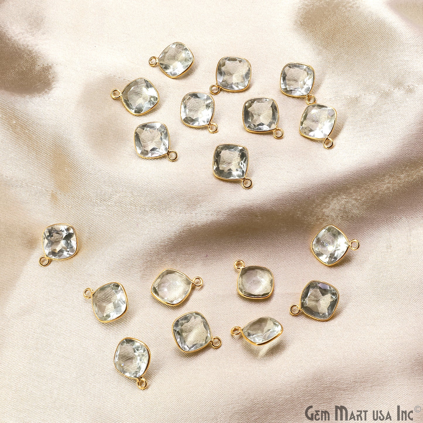 Green Amethyst 10mm Cushion Brilliant Cut Gold Plated Bezel Single Bail Connector