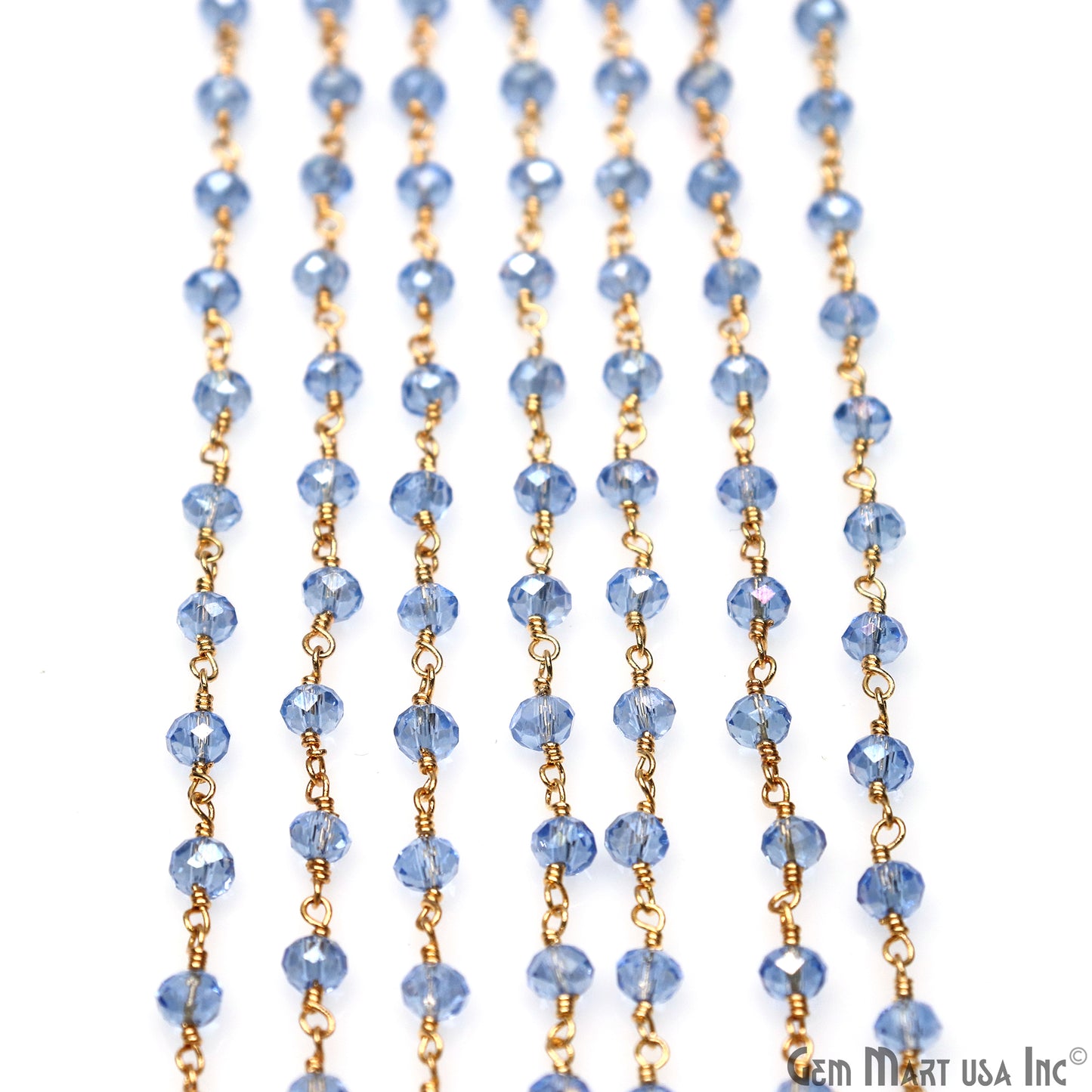 Blue Zircon 4mm Faceted Beads Gold Wire Wrapped Rosary