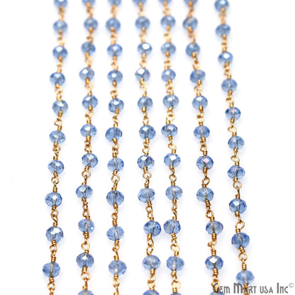 Blue Zircon 4mm Faceted Beads Gold Wire Wrapped Rosary