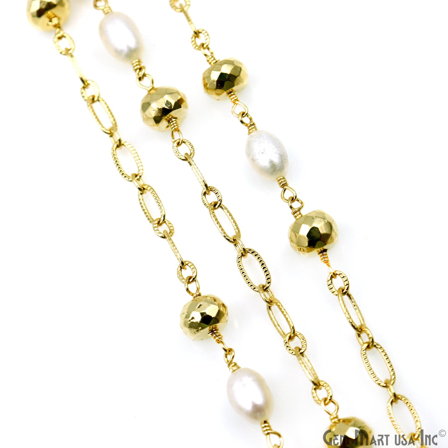 Golden Pyrite 6-7mm & Freshwater Pearl Round Beads Gold Plated Finding Rosary Chain