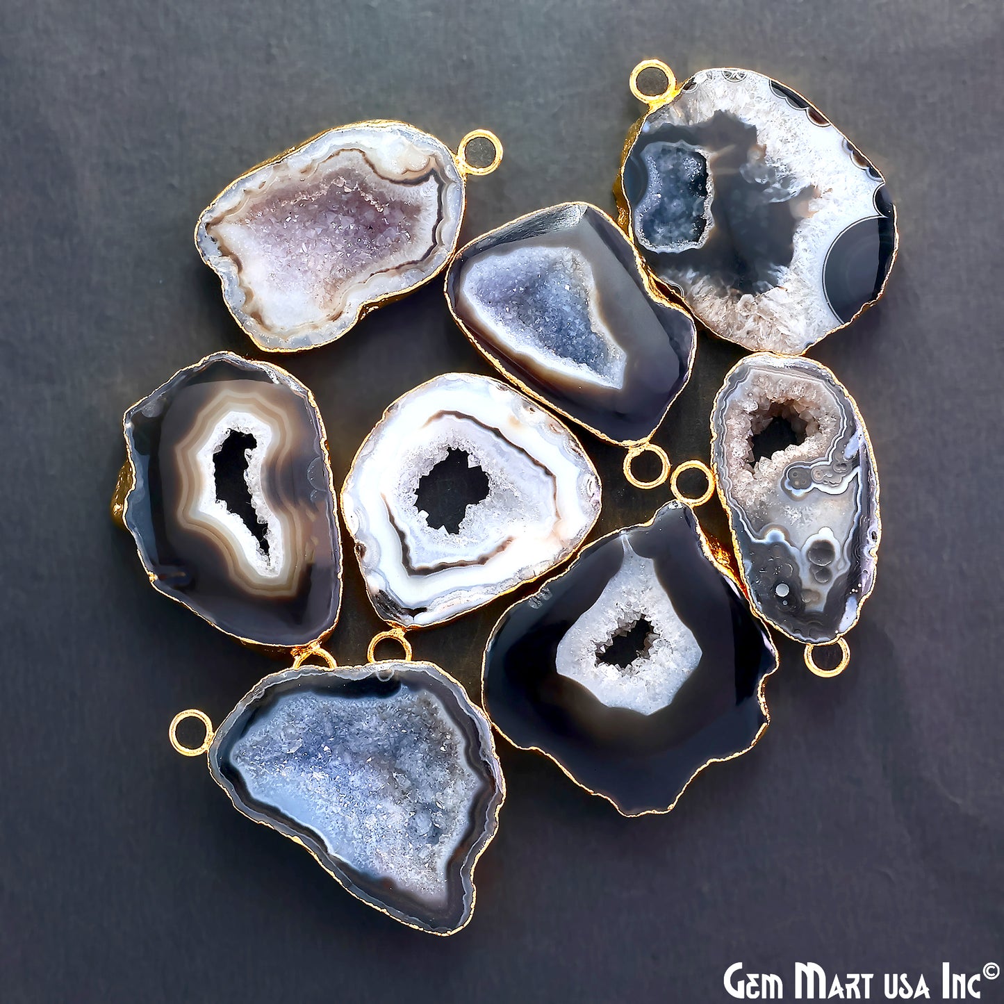 Black Agate Geode Druzy 1-2 Inch Single Bail Gold Electroplated Gemstone Connector