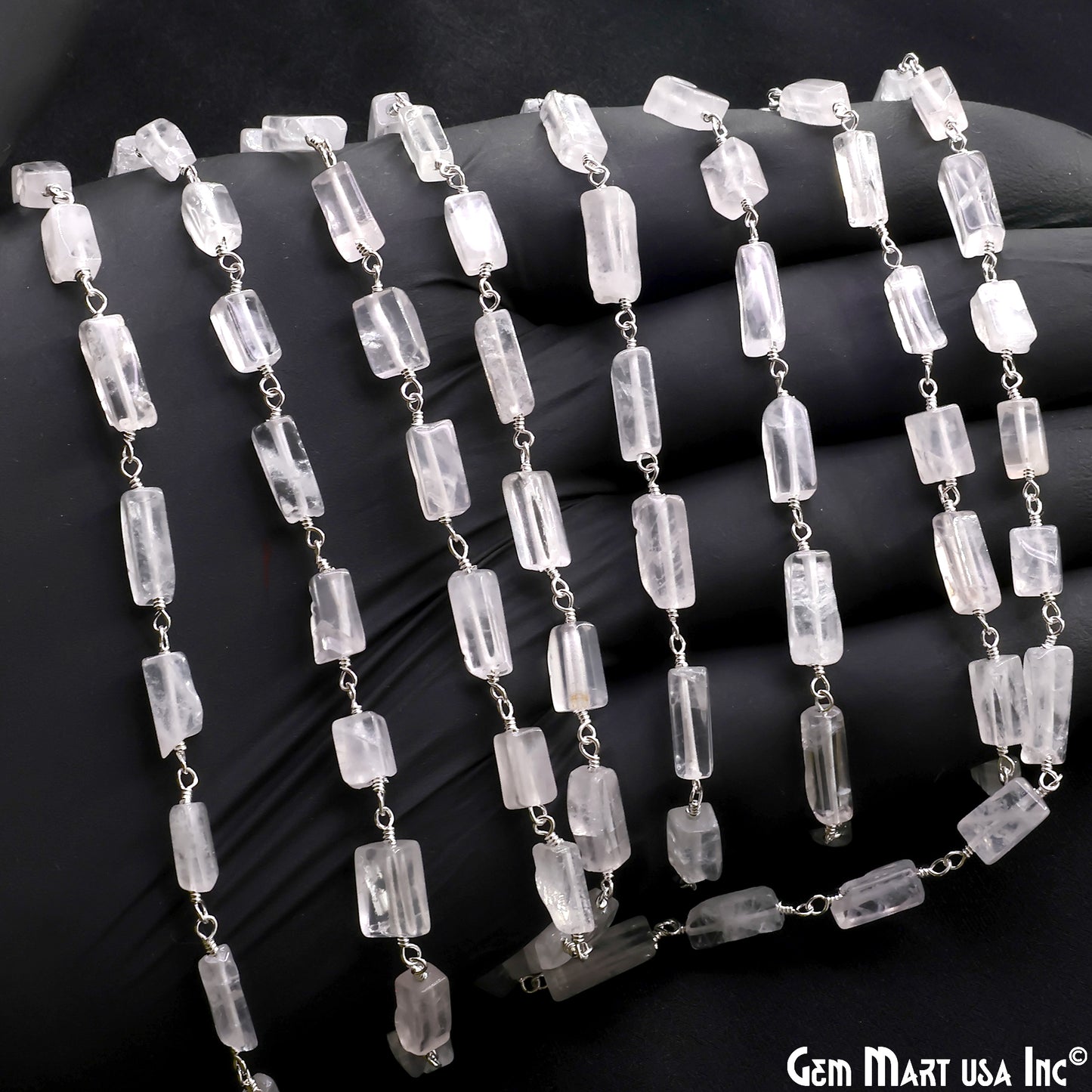 Rose Quartz Tumble Beads 8x5mm Silver Wire Wrapped Rosary Chain