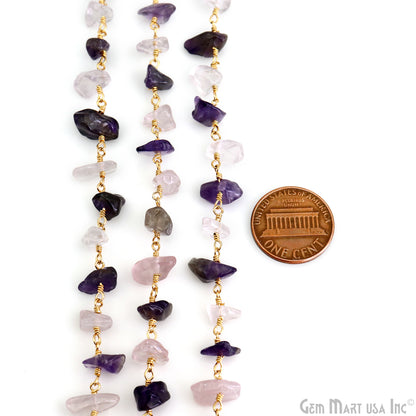 Amethyst & Rose Quartz  Nugget Chip 4-6mm Gold Wire Wrapped Rosary Chain