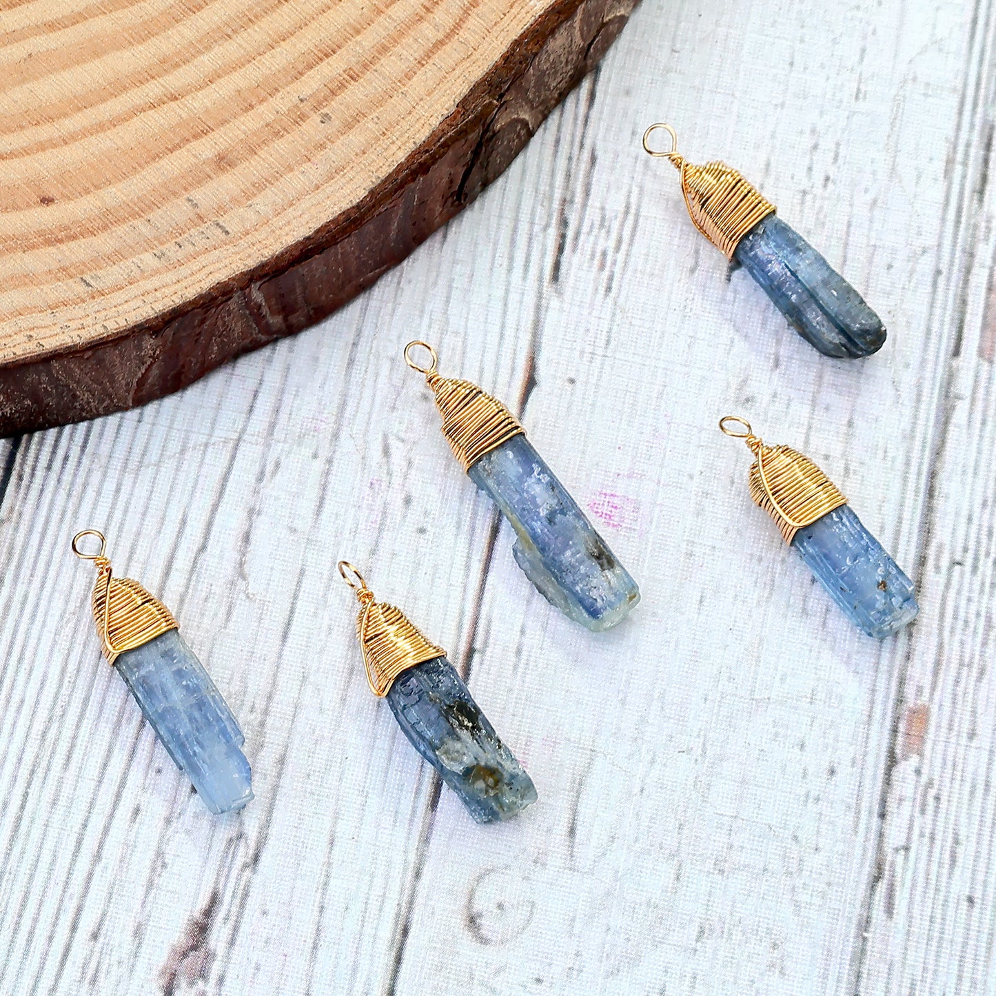 Kyanite Gold Wire Wrapped 23x4mm Jewelry Making Rough Shape Single Bail Connector