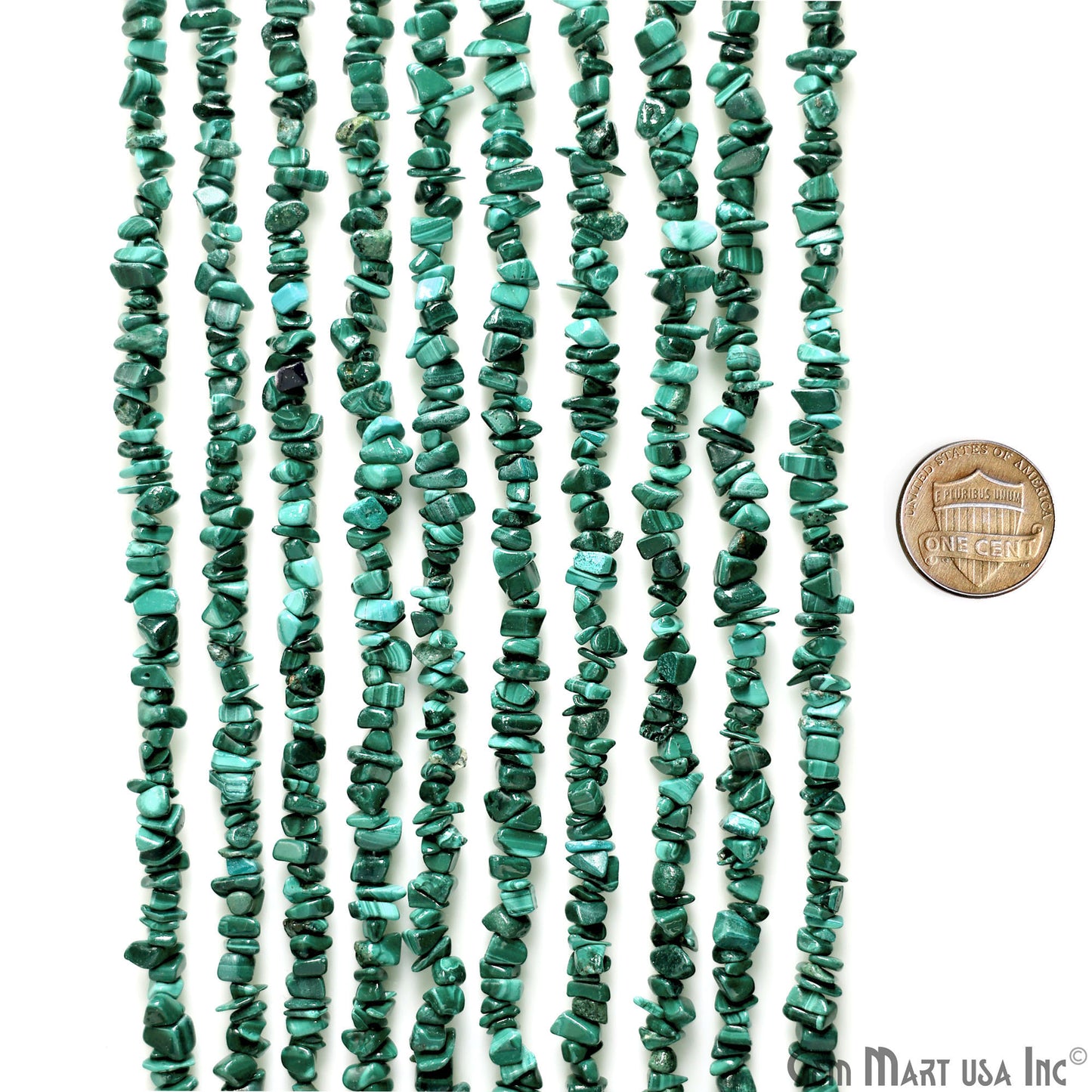 Malachite Chip Beads, 34 Inch, Natural Chip Strands, Drilled Strung Nugget Beads, 3-7mm, Polished, GemMartUSA (CHMC-70001)