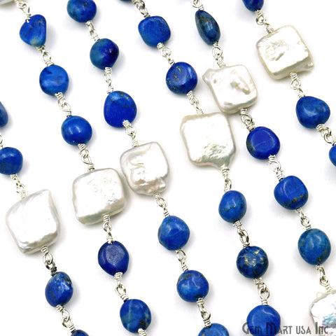 Lapis Tumble Beads 8x5mm & Freshwater Pearl 12mm Beads Silver Plated Rosary Chain