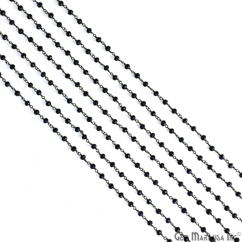 Black Chalcedony 3-3.5mm Faceted Beads Oxidized Wire Wrapped Rosary Chain