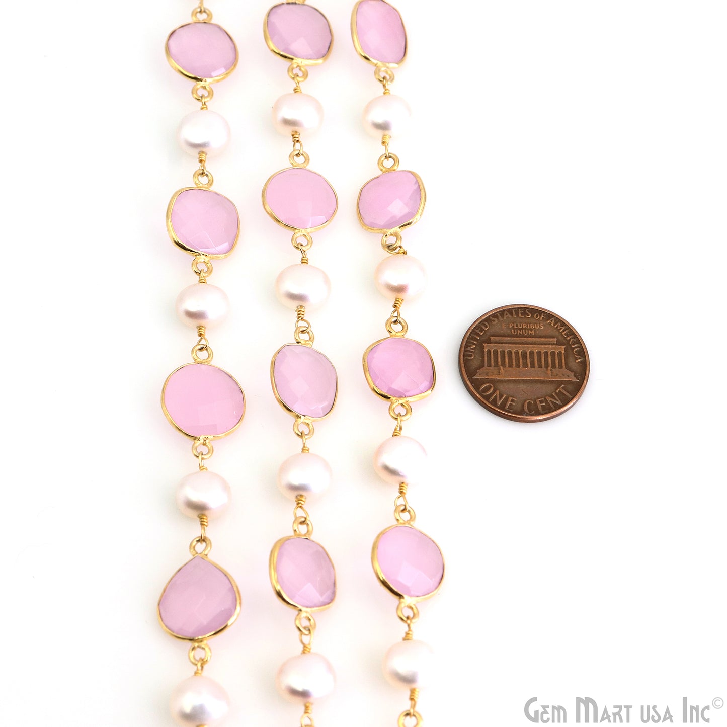 Rose Chalcedony & Pearl Gold Plated Bezel Link Continuous Connector Chain