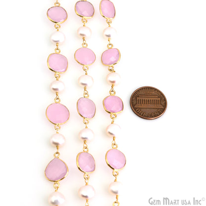 Rose Chalcedony & Pearl Gold Plated Bezel Link Continuous Connector Chain