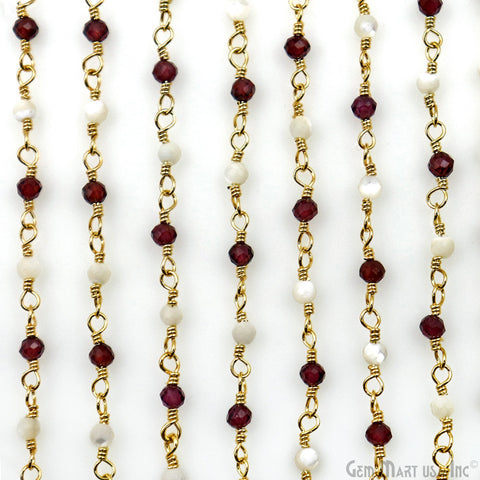 Rhodolite & Mother Of Freshwater Pearl Gold Plated Wire Wrapped Gemstone Beads Rosary Chain