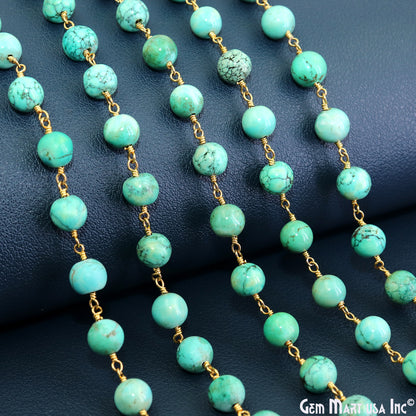 Turquoise Green Cabochon 6-7mm Gold Plated Wire Wrapped Rosary Chain