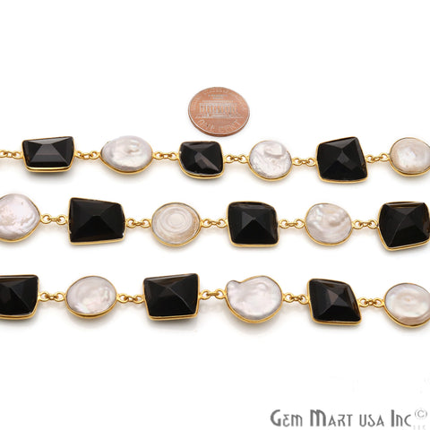 Black Onyx With Freshwater Pearl Round 10-15mm Gold Bezel Continuous Connector Chain - GemMartUSA
