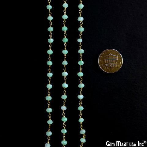 Aqua Chalcedony 4mm Round Faceted Beads Gold Wire Wrapped Rosary