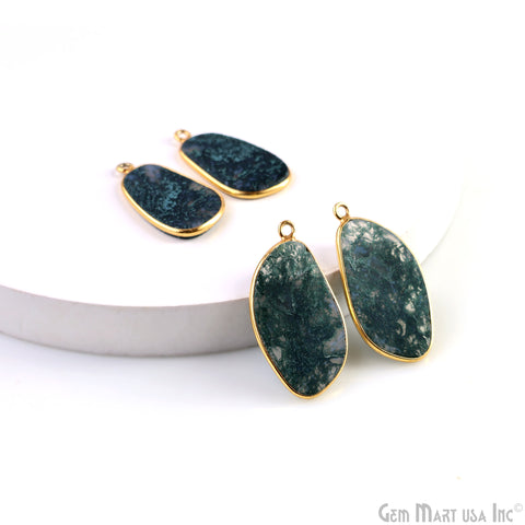 Moss Agate Free Form Gold Plated Single Bail Bezel Smooth Slab Slice Thick Gemstone Connector 33x16mm 1 Pair