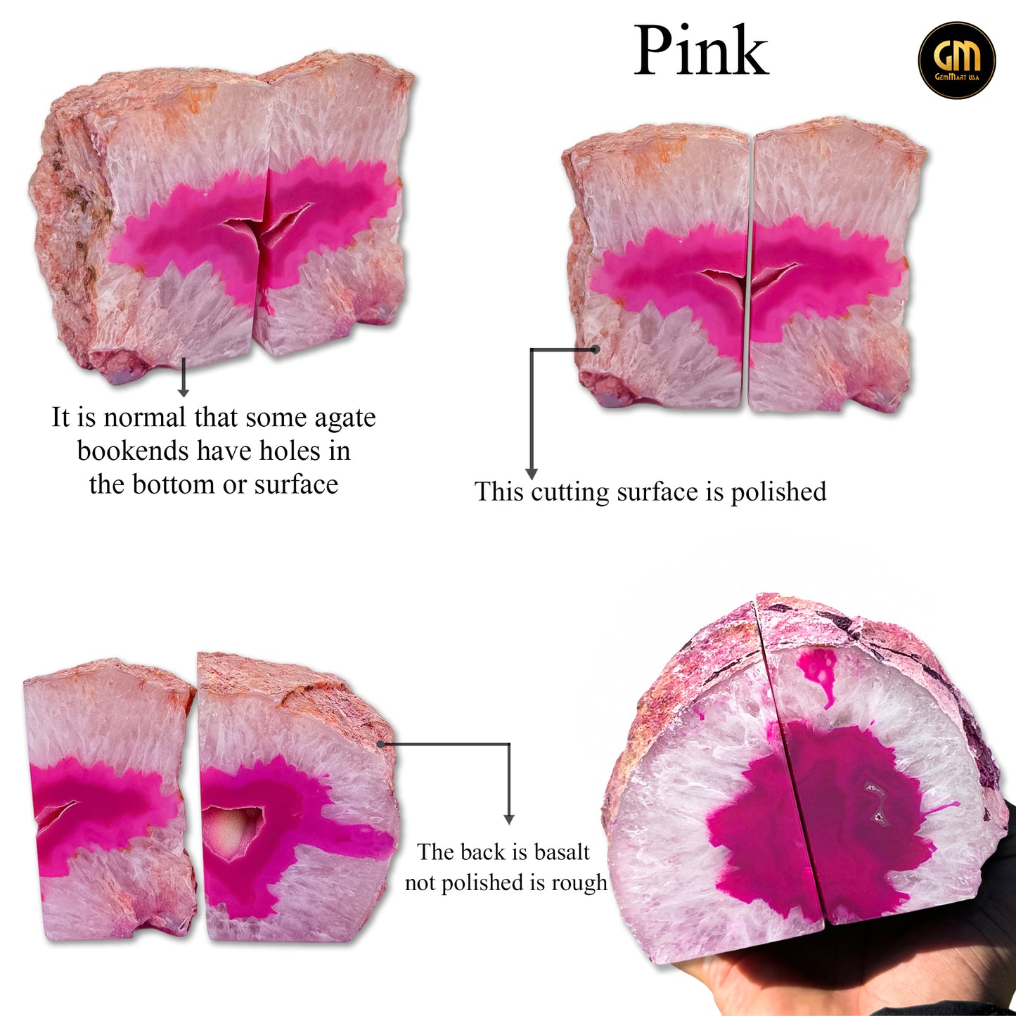 Natural Pink Agate Geode Bookend Pair (2-4lbs, 4-6inch) Home Decor *Ships Free