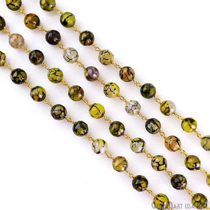 Yellow Green Dragon Agate Faceted Beads 10mm Gold Wire Wrapped Rosary Chain