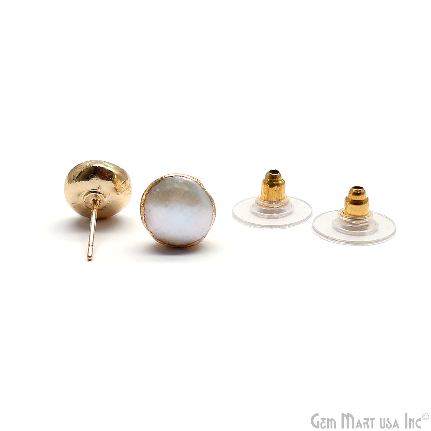 Natural Pearl Round Gemstone 10mm Gold Electroplated Stud Earring