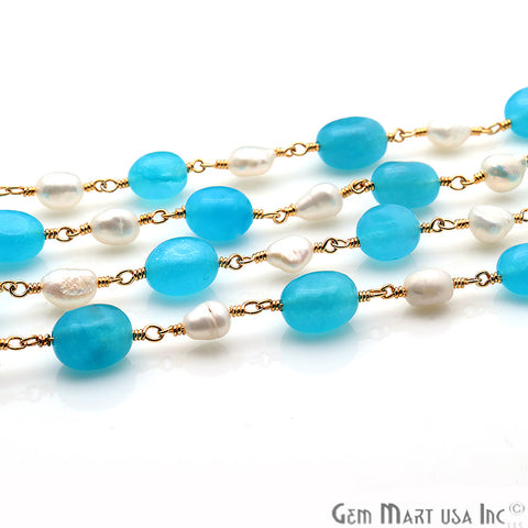 Sky Blue Rosary & Freshwater Pearl Rondelle Beads 10x6mm Gold Plated Wire Wrapped Rosary Chain