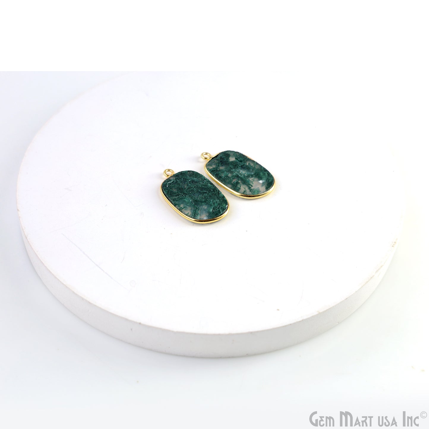 Moss Agate Oval Gold Plated Single Bail Bezel Smooth Slab Slice Thick Gemstone Connector 30x16mm 1 Pair