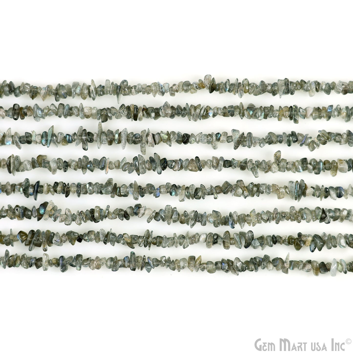 Labradorite Chip Beads, 34 Inch, Natural Chip Strands, Drilled Strung Nugget Beads, 3-7mm, Polished, GemMartUSA (CHLB-70001)