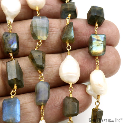 Labradorite With Freshwater Pearl Freeform Shape Gold Plated Wire Wrapped Beads Rosary Chain