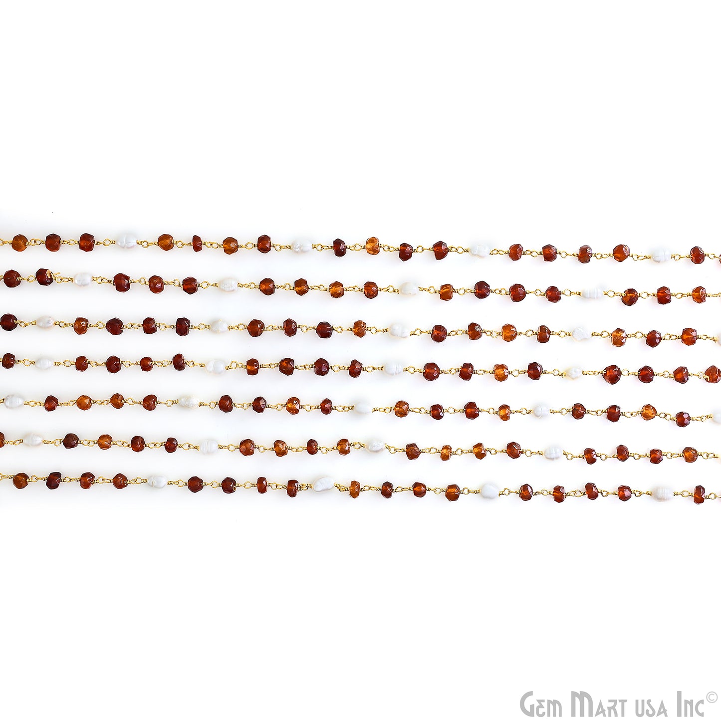 Hessonite 4-5mm & Pearl 5x4mm Beads Beads Gold Plated Rosary Chain