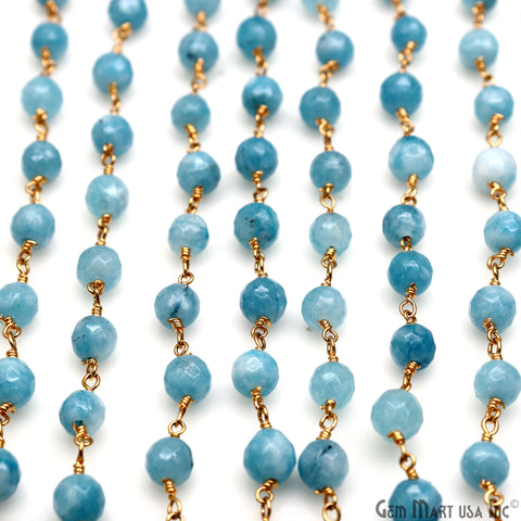 Shaded Blue Jade Faceted Beads 6mm Gold Plated Gemstone Rosary Chain