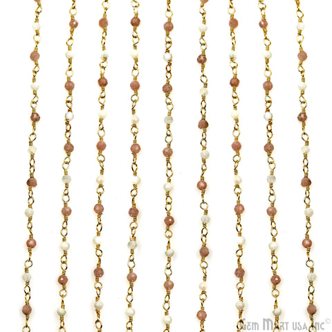 Rhodochrosite & Mother Of Freshwater Pearl Gold Plated Wire Wrapped Gemstone Beads Rosary Chain