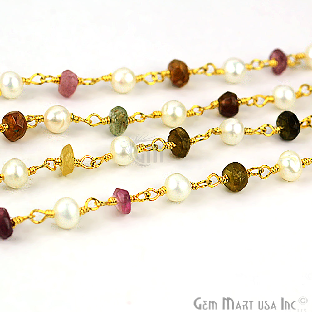 Multi Tourmaline With Freshwater Pearl Gemstone Beaded Wire Wrapped Rosary Chain - GemMartUSA
