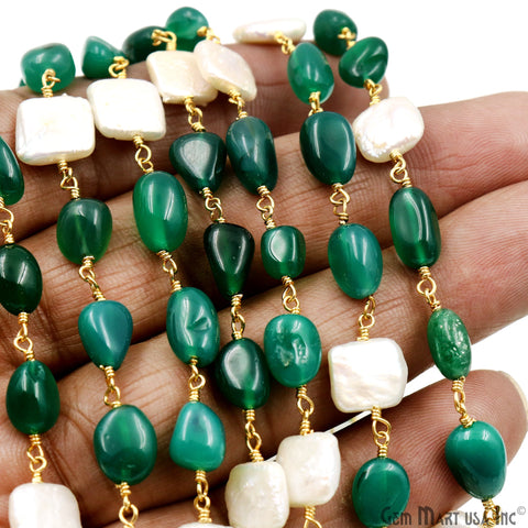 Green Onyx & Freshwater Pearl Tumble Beads Gold Plated Rosary Chain