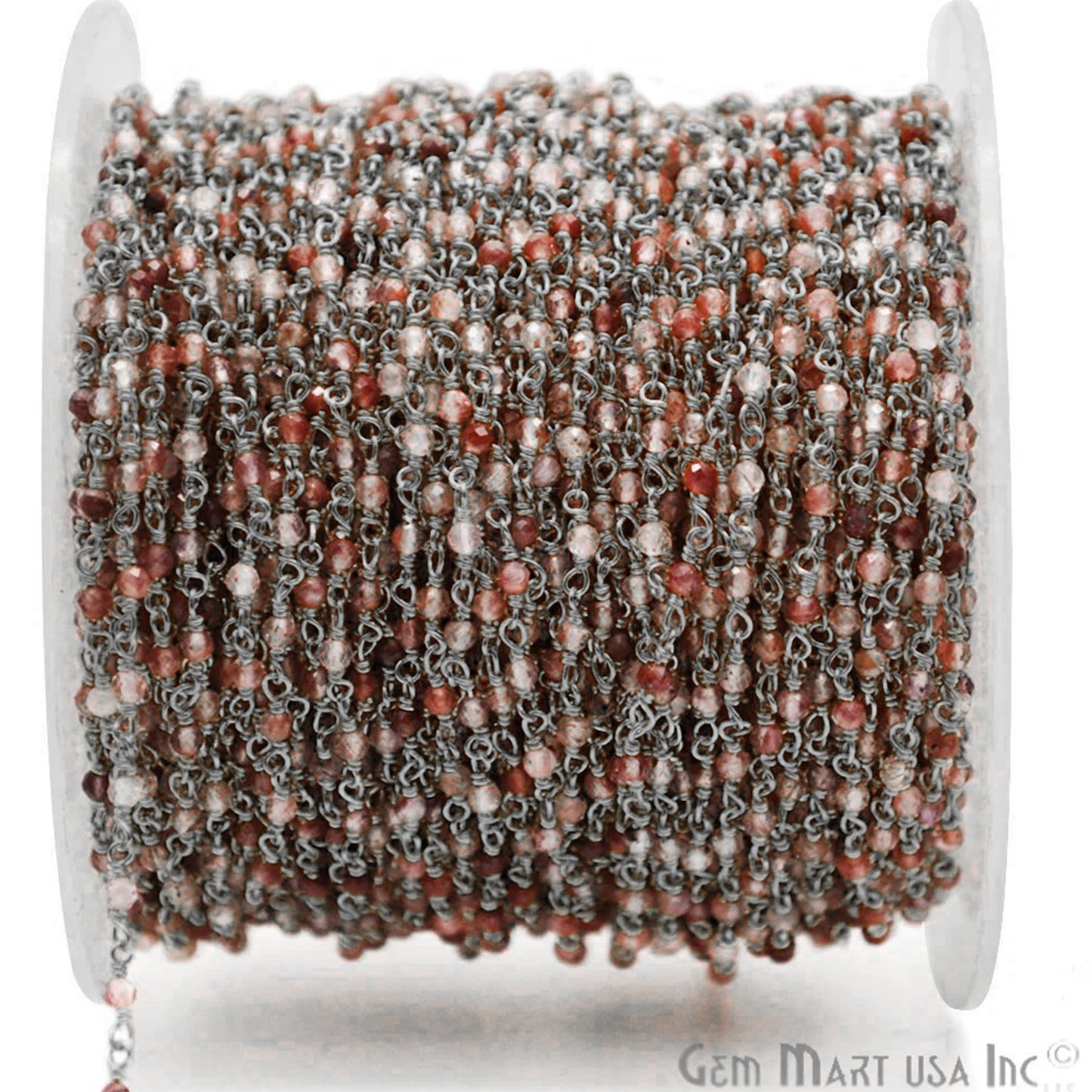 Shaded Strawberry Quartz Black Plated Wire Wrapped Gemstone Beads Rosary Chain