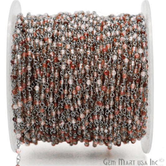 Shaded Strawberry Quartz Black Plated Wire Wrapped Gemstone Beads Rosary Chain