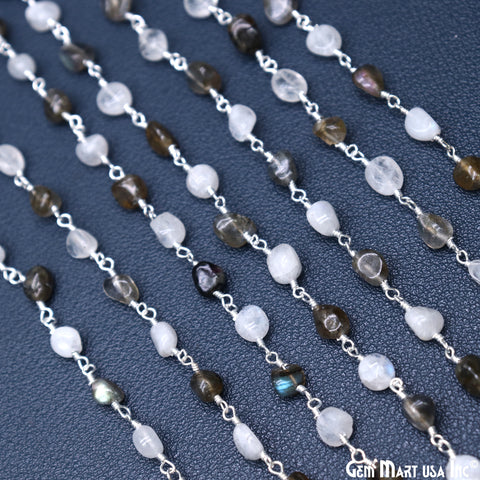 Rainbow Moonstone & Labradorite Tumble Beads 8x5mm Beads Silver Plated Rosary Chain