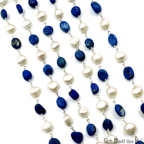 Lapis Tumble Beads 8x5mm & Freshwater Pearl 7-8mm Beads Silver Plated Rosary Chain