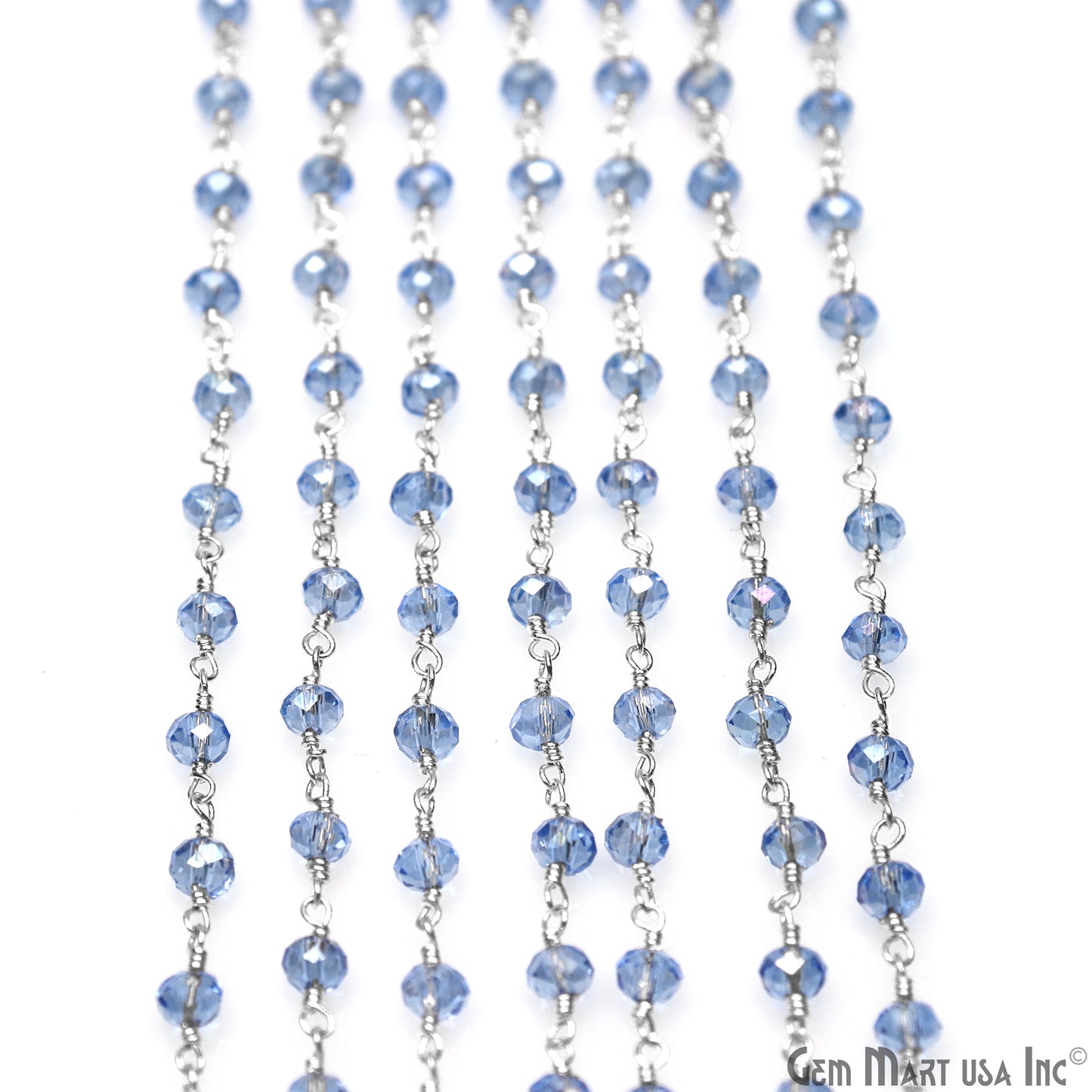 Blue Zircon 4mm Faceted Beads Silver Wire Wrapped Rosary