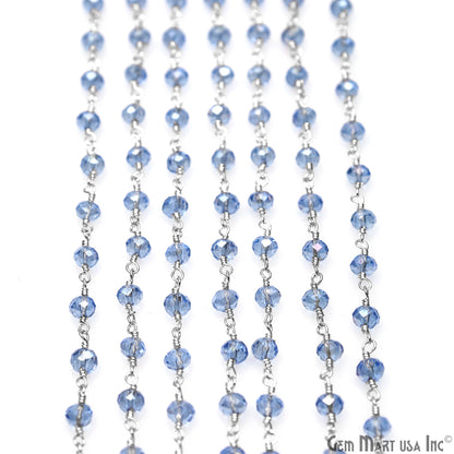 Blue Zircon 4mm Faceted Beads Silver Wire Wrapped Rosary