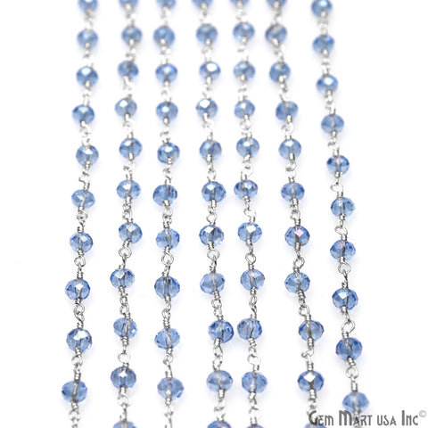 Blue Zircon 4mm Faceted Beads Silver Wire Wrapped Rosary
