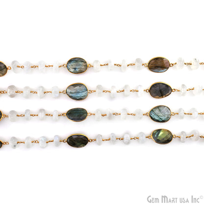 Rainbow Moonstone Beads & Labradorite Bezel Connector Gold Plated Rosary Chain