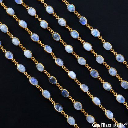 Rainbow Moonstone 6x8mm Oval Gold Plated Bezel Cabochon Continuous Connector Chain