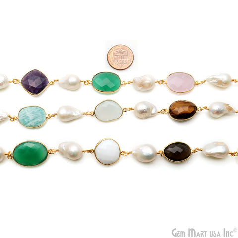Multi-Color & Mix Shape Gemstone With Freeform Freshwater Pearl Beads 10-15mm Gold Bezel Faceted Continuous Connector Chains