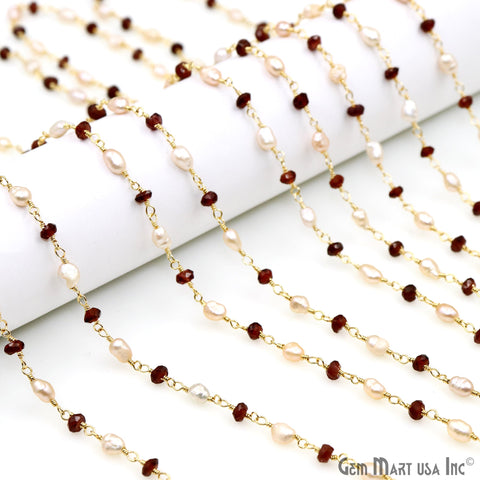 Garnet & Pink Freshwater Pearl Gold Plated Wire Wrapped Rosary Chain