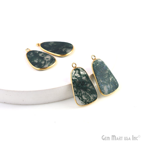 Moss Agate Free Form Gold Plated Single Bail Bezel Smooth Slab Slice Thick Gemstone Connector 30x18mm 1 Pair