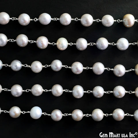 Gray Pearl Cabochon Beads 9-10mm Silver Plated Gemstone Rosary Chain