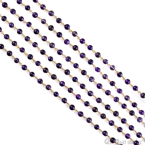 Amethyst 6mm Cabochon Beads Gold Wire Wrapped Rosary Chain